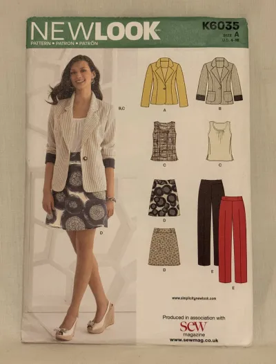 A New Look K6035 sewing pattern in sizes 4-16. On one side of the cover is a woman wearing a skirt, top and jacket. On the other side are pictures of two jackets, two tops, two skirts and two pairs of trousers.